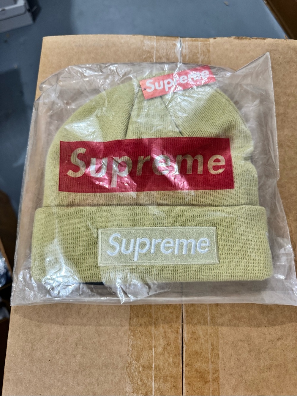 Supreme Olive Green Beanie with Red Box Logo and White Patch